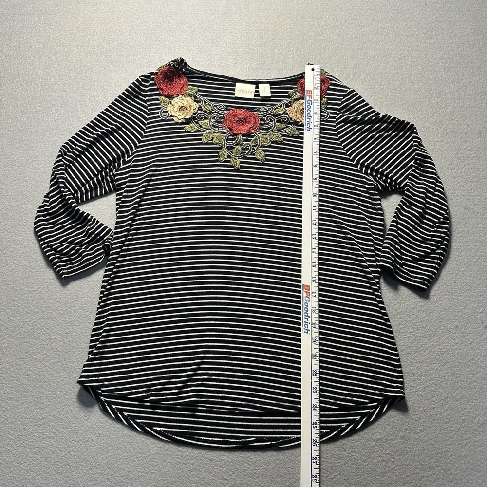 Chico's Top Shirt SIZE 1 Women Black Striped Floral Embroidery - Picture 3 of 5
